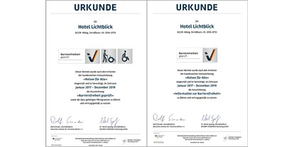 Rollstuhlgerechte Unterkunft - Bayern - Urkunde Hotel Lichtblick - Reisen für Alle - 100 % barrierefreies Hotel Lichtblick in Münchner Umgebung