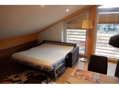 Rollstuhlgerechte Unterkunft - Bayern - Die Couch im Wohnzimmer zum Bett verwandelt - Barrierefreies Appartement in Pfronten