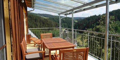 Rollstuhlgerechte Unterkunft - Schwarzwald - Großzügige überdachte Terrasse (mit MArkise) und toller Sicht über Hof und Umgebung - Mooshof